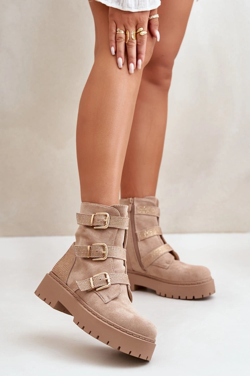 Ocieplane Botki Damskie Z Klamrami Beżowe Tiaeliana