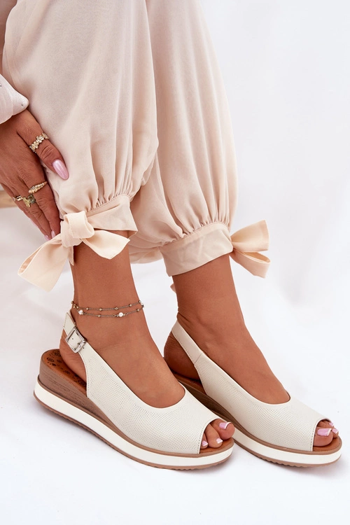 Skórzane Sandały Na Koturnie Artiker 56C2316 Jasnobeżowe