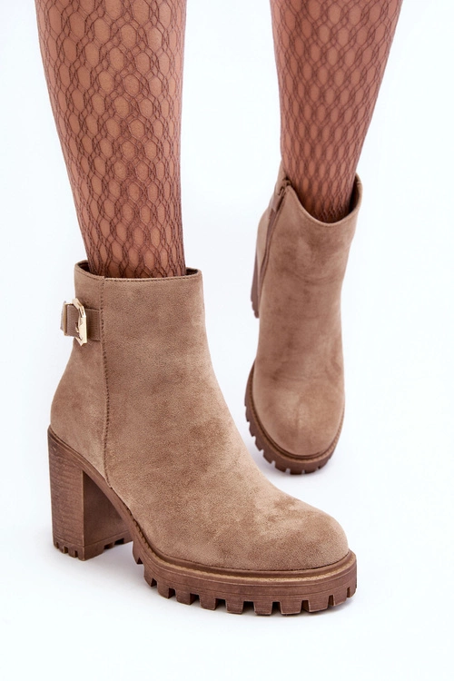 Zamszowe Damskie Botki Na Słupku Z Ozdobą Beżowe Menoria