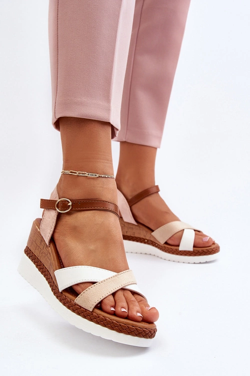 Sandały Na Koturnie Z Paskami Beżowe Kioda