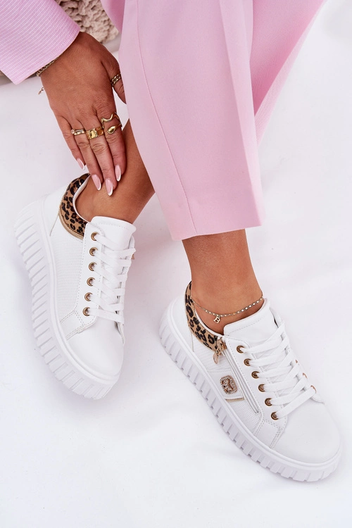 Buty Sportowe Damskie Na Platformie Z Eko Skóry Panterka Białe Velionna