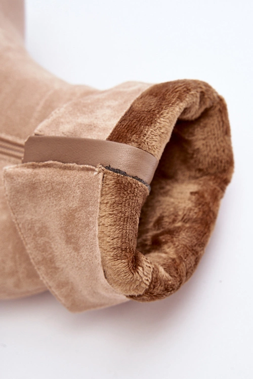 Botki Damskie Ocieplane Z Marszczoną Cholewką Na Słupku Beżowe Shavy