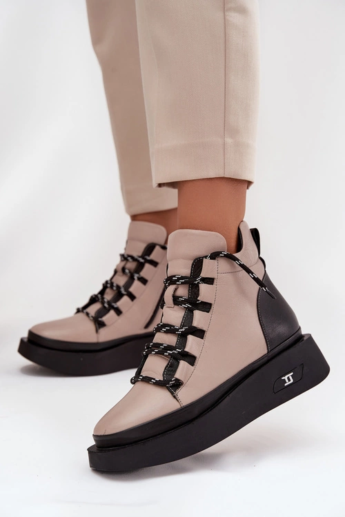 Skórzane Botki Damskie Na Platformie Ocieplane Artiker 55C0884 Beżowe