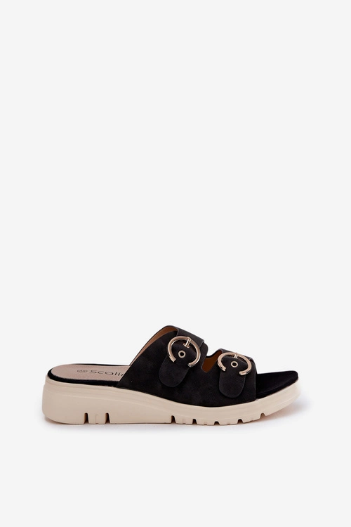 Lekkie Klapki Damskie Na Koturnie Z Klamrami Czarne Hellexia