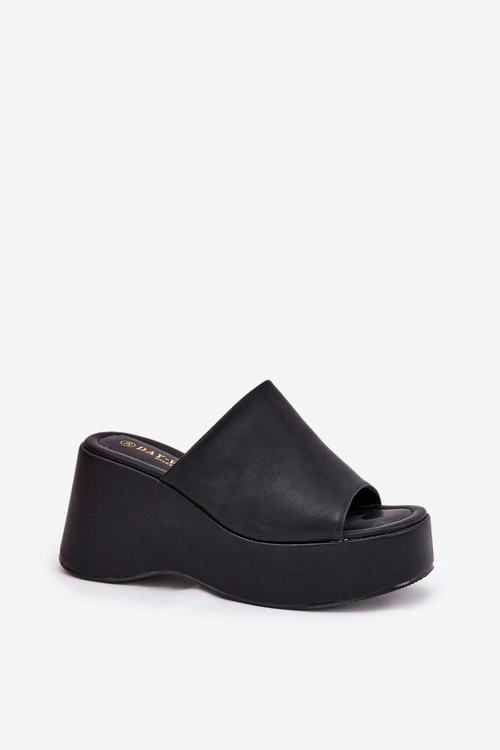 Eko Skórzane Klapki Damskie Na Platformie I Koturnie Czarne Kisoffi