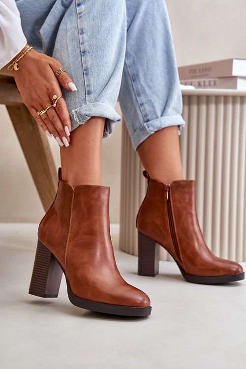 Ocieplane Botki Damskie Na Słupku Eko Skórzane Brązowe Teresine