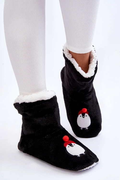 Damskie Wsuwane Ocieplane Papcie Z Pingwinami Czarne
