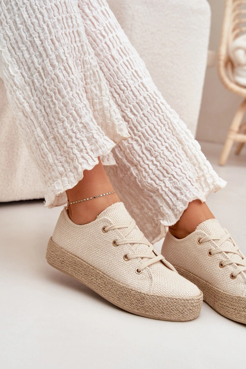 Trampki Damskie Na Platformie Z Plecionką Beżowe Princa