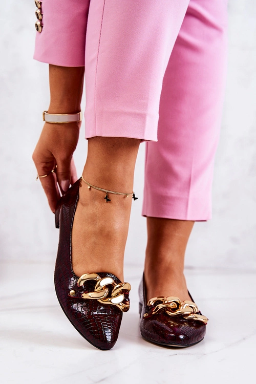 Skórzane Lakierowane Wężowe Czółenka Bordowe Elissabeth