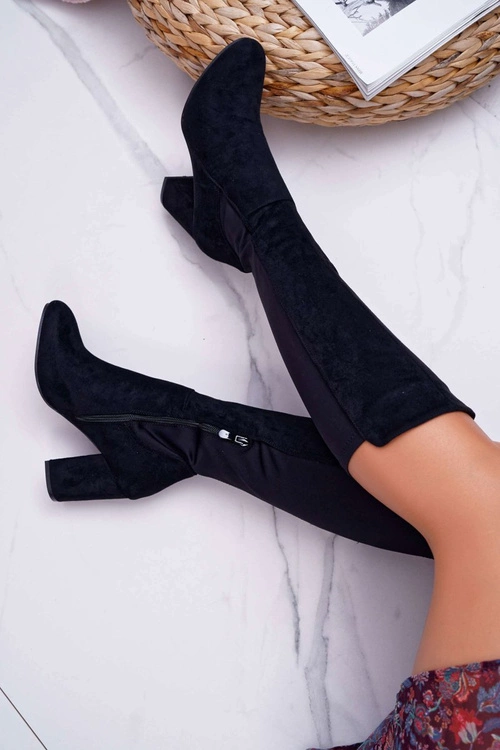 Kozaki Damskie Na Słupku Zamszowe z Lycrą Czarne Machine