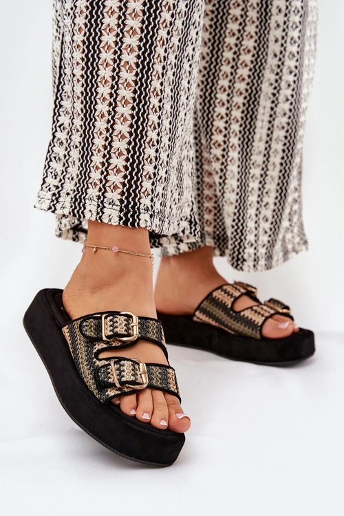 Klapki Damskie Na Platformie Z Klamrami I Plecionką Czarne Limme