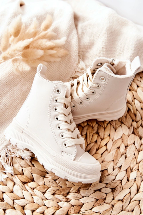 Dziecięce Skórzane Ocieplane Trampki Jasnobeżowe Bomi