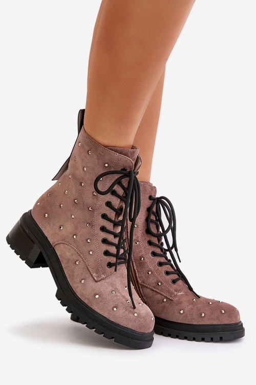 Zdobione Botki Workery Damskie Ocieplane D&A MR880-017 Taupe