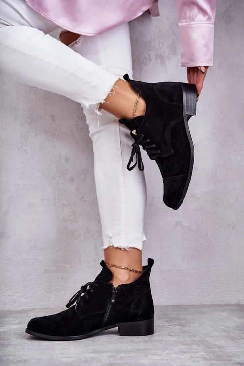 Zamszowe Botki Trzewiki Sznurowane Nicole 2781 Czarne