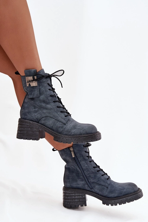 Skórzane Botki Workery Damskie Na Klocku Z Ozdobnym Detalem Artiker 57C0212 Niebieskie