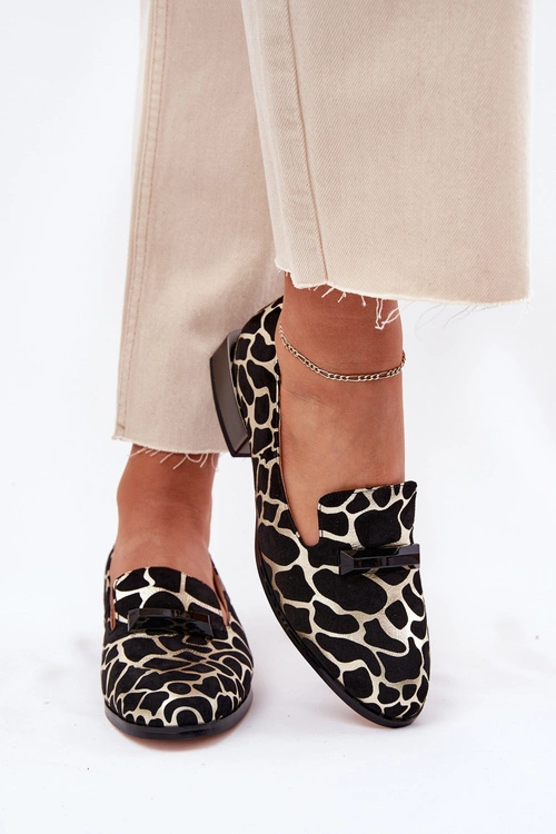 Zamszowe Półbuty Mokasyny Damskie Z Ozdobą D&A LZ51-505 Czarno-Złote