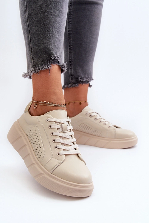 Damskie Skórzane Sneakersy Na Platformie Beżowe Gatira