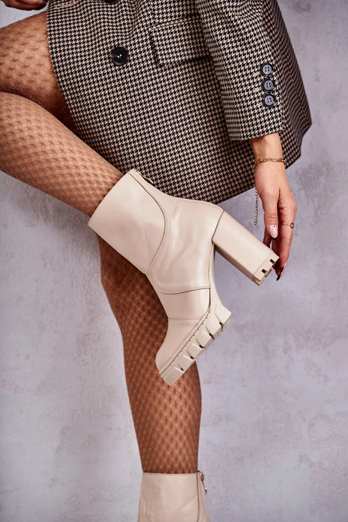 Skórzane Botki Na Obcasie Beżowe Elia