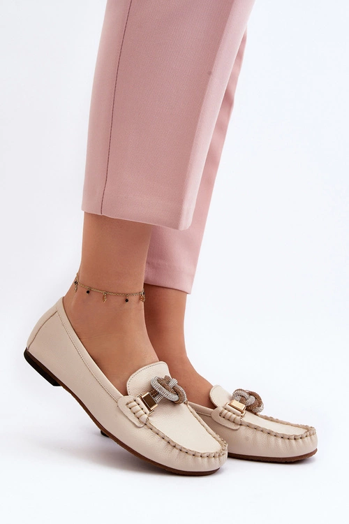 Skórzane Mokasyny Damskie Z Ozdobą Laura Messi 2761 Jasnobeżowe