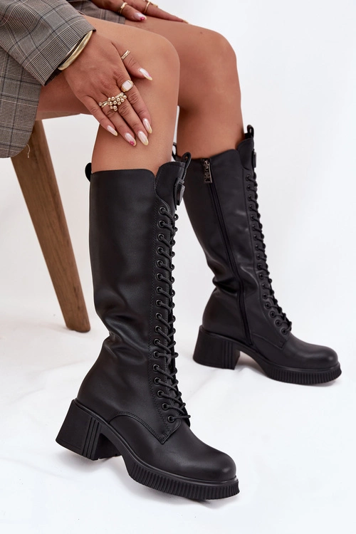 Skórzane Sznurowane Kozaki Na Klocku Ocieplane Vinceza 66804 Czarne