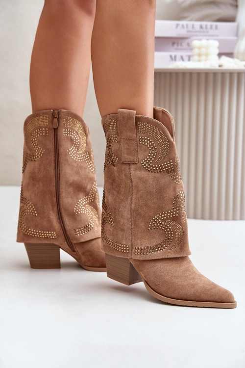 Zdobione Botki Kowbojki Do Połowy Łydki Na Słupku S.Barski HY42-153 Camel