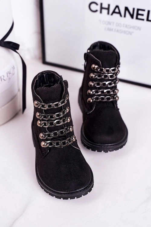 Dziecięce Ocieplane Traperki Eko Zamsz Łańcuch Czarne Rock&Roll