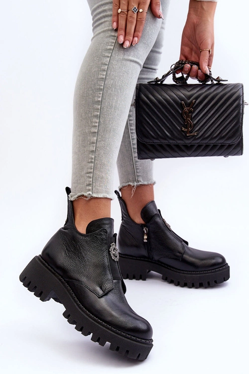 Damskie Skórzane Botki Z Ozdobą Czarne Lemar Lusanna