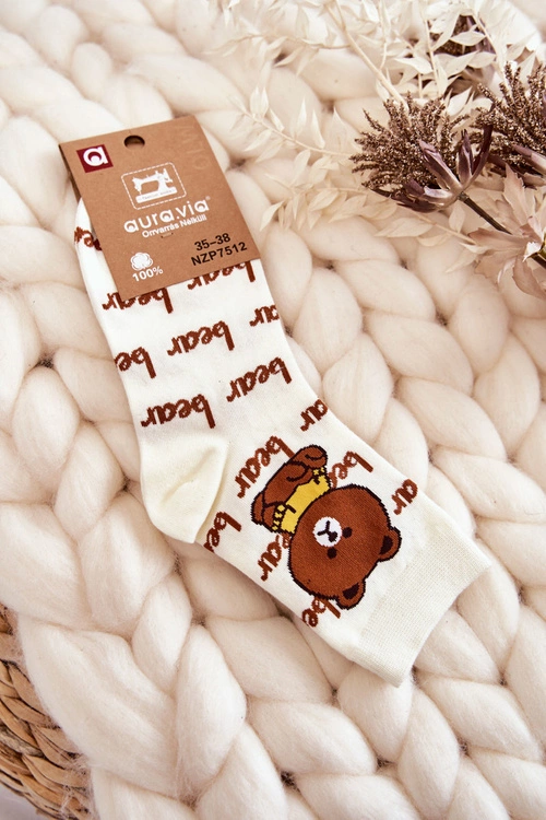 Damskie Bawełniane Skarpetki Miś Beżowe