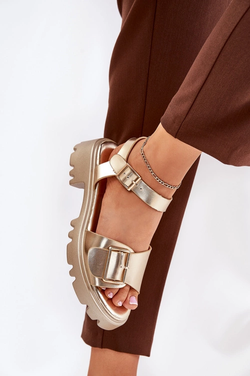 Eko Skórzane Sandały Damskie Z Klamrą Złote Gofielle