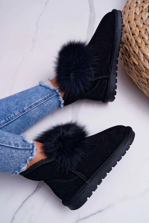 Damskie Botki Śniegowce Ocieplane Futerkiem Skóra Zamsz Czarne Memento