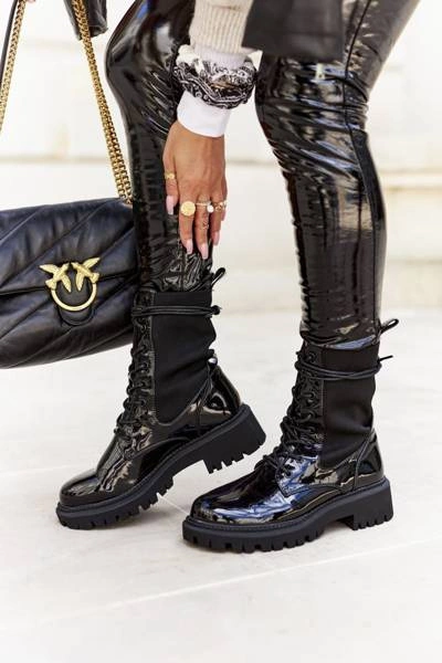 Damskie Botki Workery Lakierowane Czarne Maxine