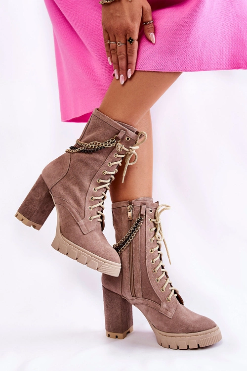 Zamszowe Botki Sznurowane Lewski Shoes 3244/G Beżowe