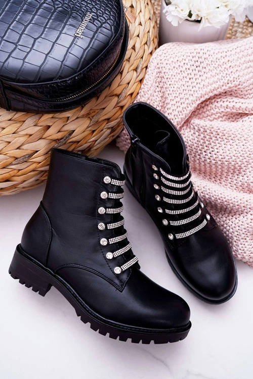Botki Damskie Płaski Obcas Na Suwak Czarne Terrem