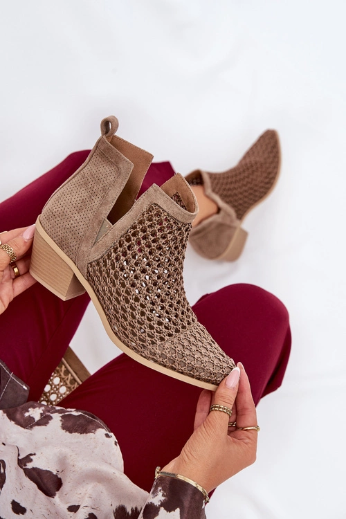 Ażurowe Botki Damskie Na Obcasie Z Wycięciami I Plecionką Khaki Tulifedi