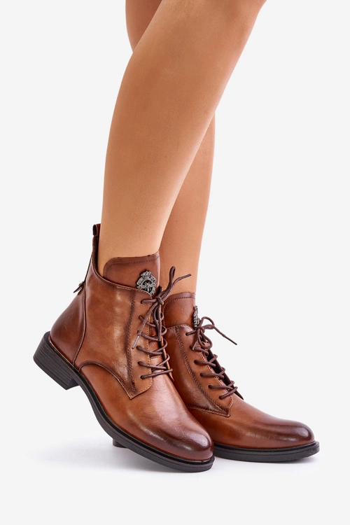 Ocieplane Botki Na Płaskim Obcasie Z Ozdobą Camel Leonise