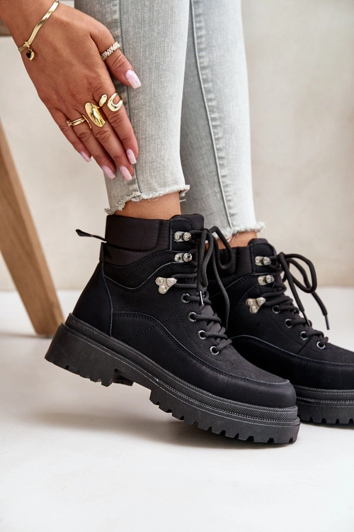 Botki Trapery Damskie Sznurowane Czarne Rabaria