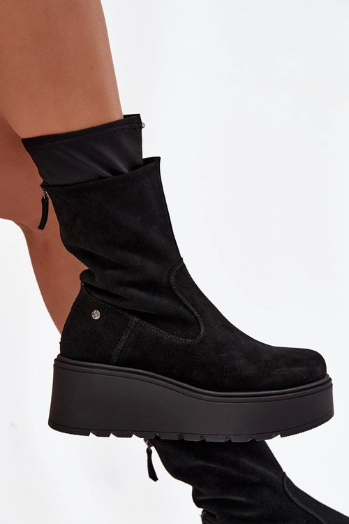 Damskie Skórzane Zamszowe Botki Na Masywnej Platformie Maciejka A7161-20 Czarne
