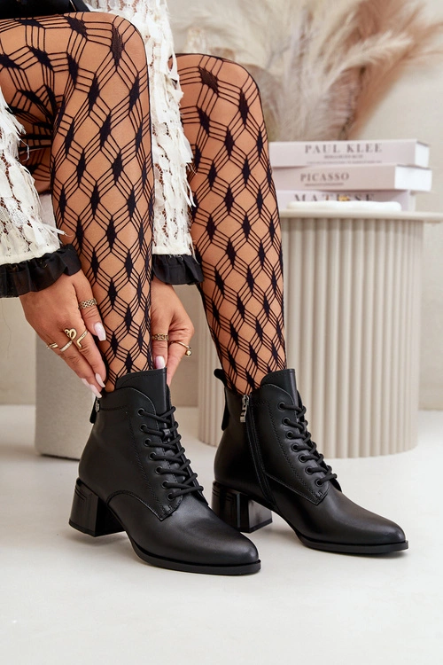 Sznurowane Botki Damskie Na Obcasie Ze Skóry Naturalnej Ocieplane Czarne Vinceza 91110