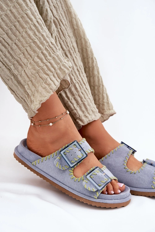 Klapki Damskie Z Klamrami I Ozdobnym Obszyciem Niebieskie Visley