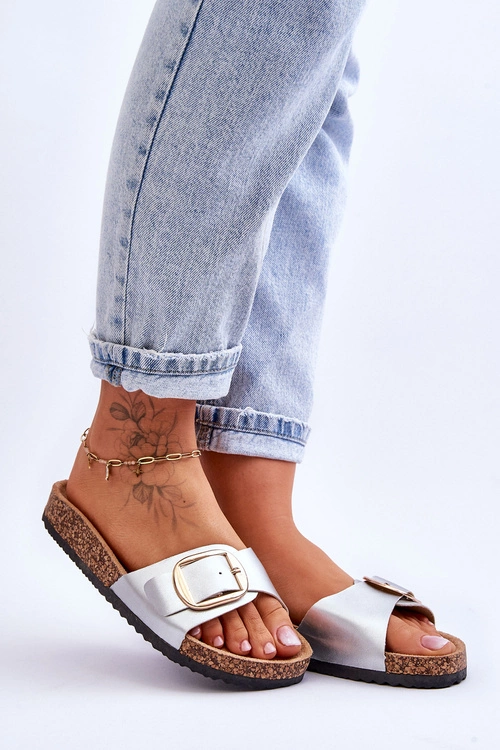 Damskie Klasyczne Klapki Na Korkowej Platformie Srebrne Noa