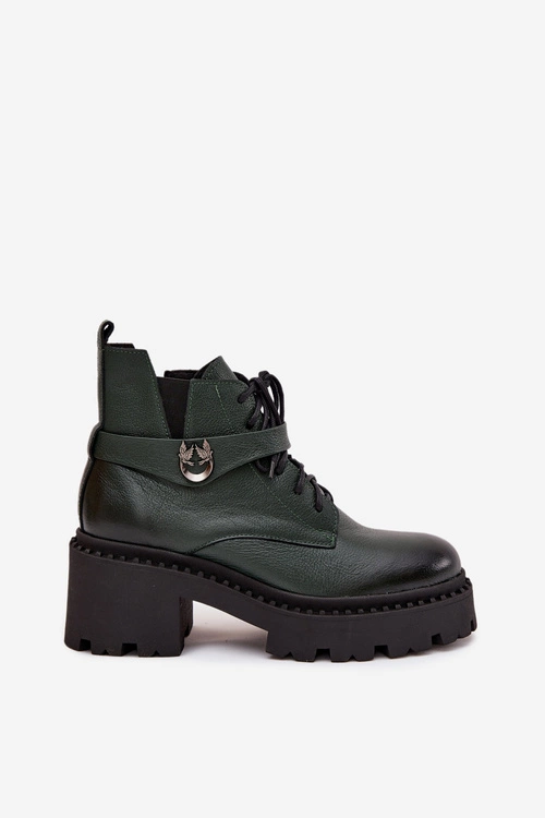 Skórzane Botki Damskie Na Klocku Z Ozdobnym Paskiem Ocieplane Zazoo 60557 Ciemnozielone