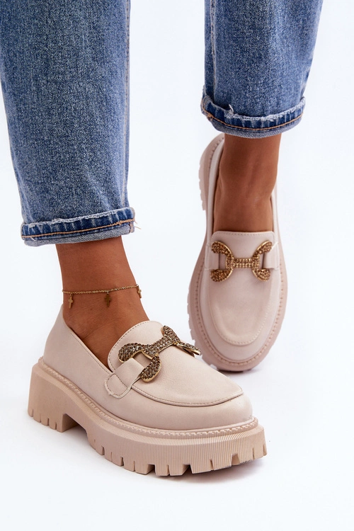 Mokasyny Damskie Z Ozdobą Jasnobeżowe Gargi