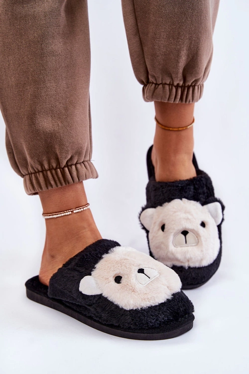 Damskie Futrzane Papcie Z Misiem Czarne Solly