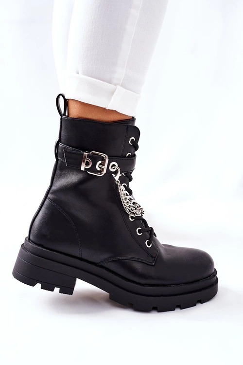 Czarne Workery Botki z Łańcuchem Midtown