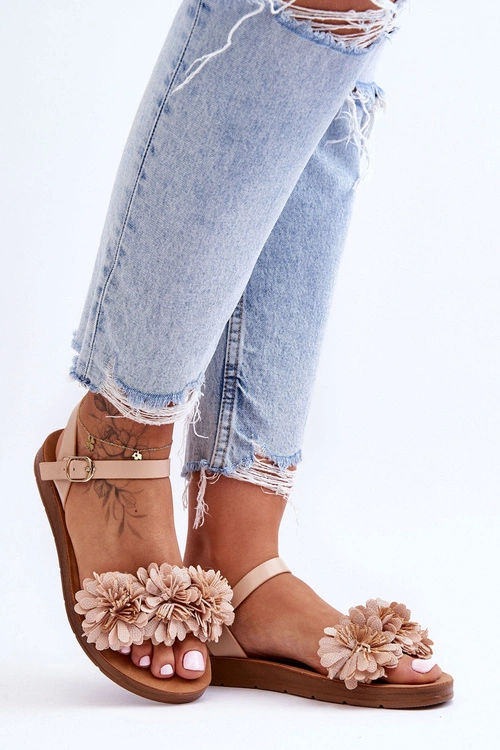 Damskie Sandały Z Materiałowymi Kwiatami Beżowe Fiori