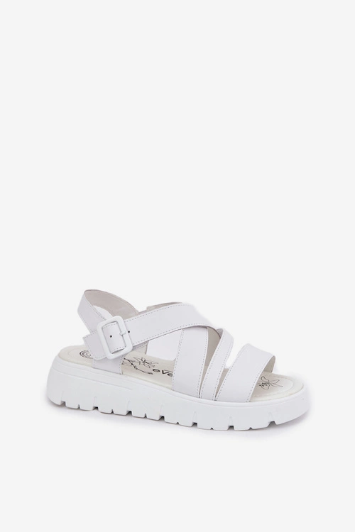 Skórzane Sandały Damskie Na Platformie Z Klamrą Białe Selianae