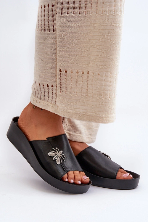 Eleganckie Klapki Damskie Z Ozdobą Skóra Naturalna S.Barski KV27-015 Czarne