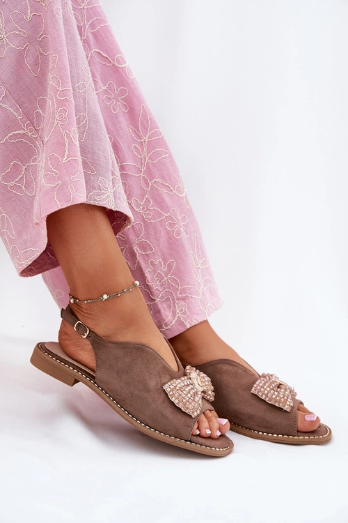 Sandały Damskie Z Kokardą Na Płaskim Obcasie S.Barski KV51-014 Ciemnobeżowe