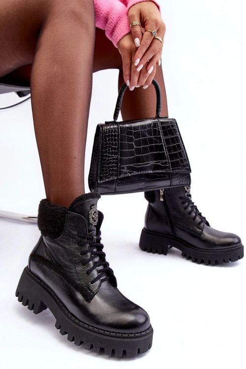 Damskie Skórzane Trapery Botki Czarne Lemar Vergo - Wzór 2