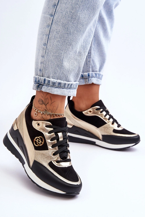 Damskie Sznurowane Buty Sportowe Na Koturnie Czarno-Złote Genova